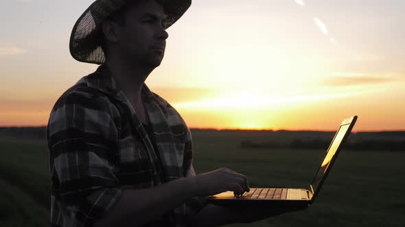 Male Farmer in Hat Standing in Field and Typing on Keyboard of Laptop Computer