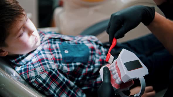 A Little Boy Having a Treatment in the Dentistry - Explains the Importance of Hygiene Using the