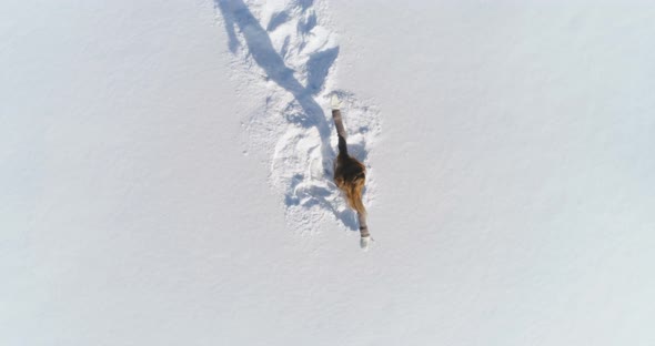 Young Woman Spinning Around in Snow at Sunny Winter Day. Aerial Vertical Top-Down View
