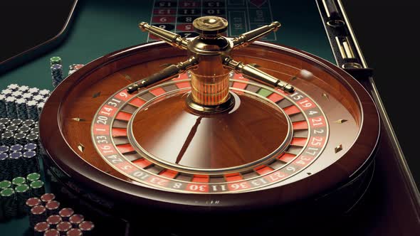 Loopable shot of roulette wheel with a spinning ball. Bets, Las Vegas, gambling.