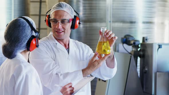 Technicians examining olive oil