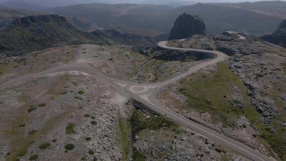 Panoramic view of Serra da Estrela, Portugal. Aerial backward tilt-up reveal