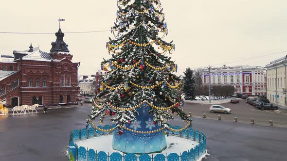 Beautiful Fabulous New Year Tree on the City Square Aerial View