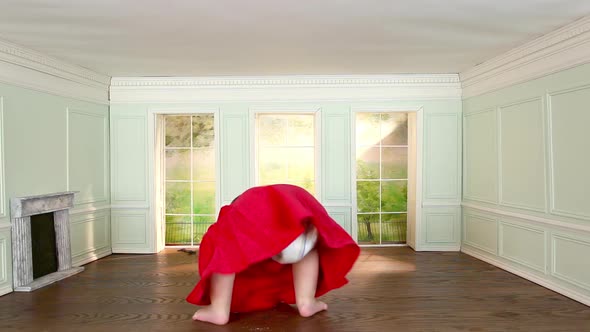 Giant toddler girl in tiny room, looking through window