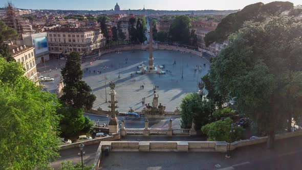 Aerial View of the Large Urban Square the Piazza Del Popolo Timelapse Rome at Sunset