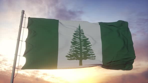 Norfolk Island Flag Italy Waving in the Wind Sky and Sun Background