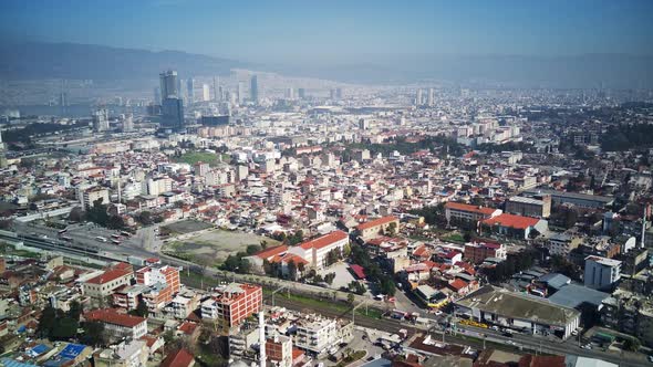 Drone view on poverty slum district and muslim mosque