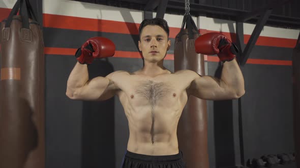 Portrait of strong caucasian man posing muscles, punching combat punches in boxing sport club