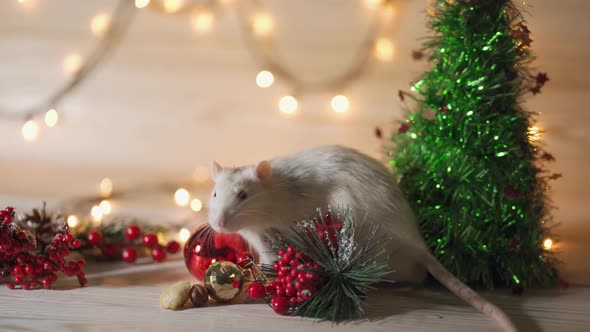 Grey Home Rat on the Background of Christmas or New Year Decoration. Symbol of 2020 in the Chinese
