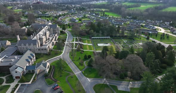 Retirement home community for masons. Sprawling campus aerial in spring. Masonic Village, Elizabetht