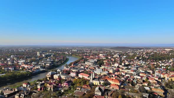 Aerial View of the Historic City Uzhgorod Located in Transcarpathia Old Buildings in the Panorama