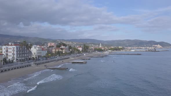 Diano Marina aerial view coastal city Mediterranean Sea in Liguria, Italy