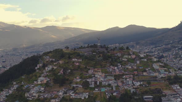 Panecillo Dowtonw Quito City Travelling Aerial View. Ecuador