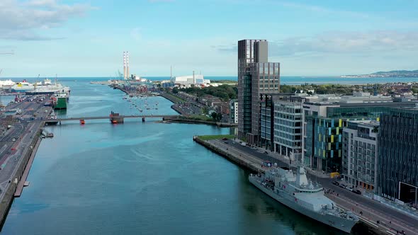 Aerial droneLiffey River in Dublin city