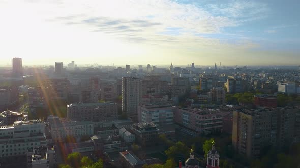 Aerial Shot of Quiet Moscow in the Light of Morning Sun, Russia