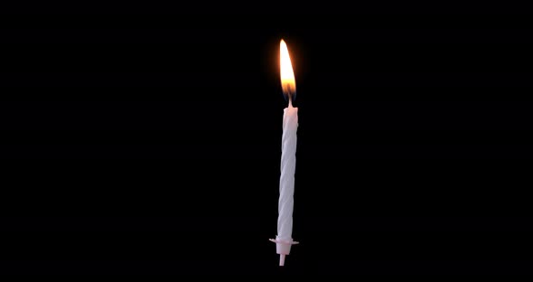Realistic full-sized single white birthday candlelight isolated on black background.