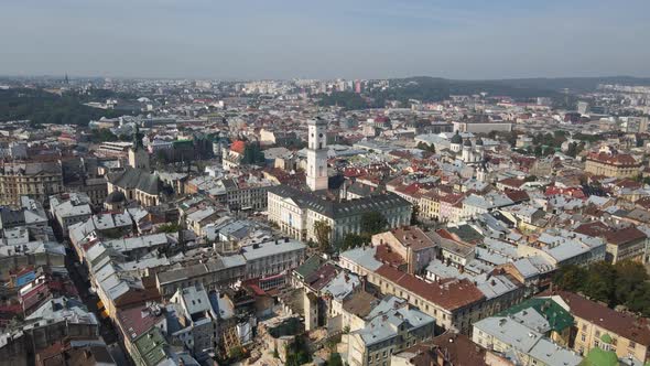 Aerial Shot The City Of Lviv. City Hall, Market Square. Ukraine