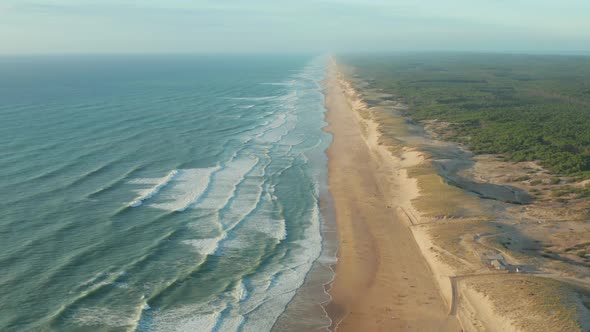 Beautiful Empty Beach at Golden Hour Going Endless Into the Distance with Green Woods and Blue Ocean