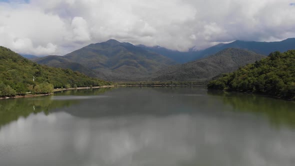 Large Mountain Lake. Mountains Beyond the Lake. Aerial View of Kvareli Lake in Georgia with