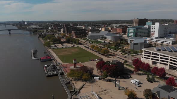 Aerial of downtown Peoria riverfront and view of Peoria, Illinois, USA Midwestern town located on th