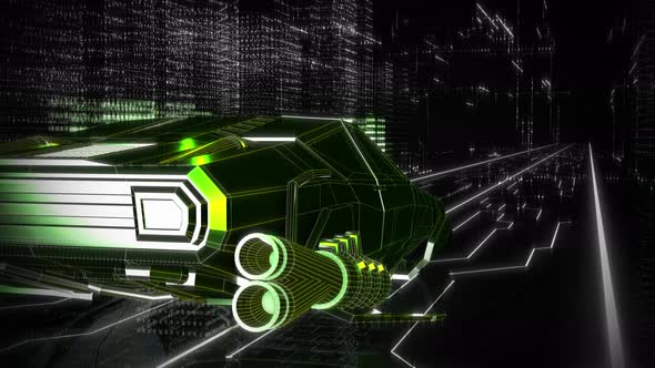 Green Digital Vehicle Moving Over Digital Road Among Projections Of Buildings alt