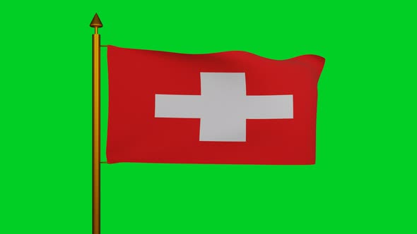 National flag of Switzerland waving with flagpole chroma key, Republic of Swiss Confederation flag