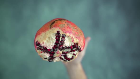 Hand Throws Up and Catches Half of Ripe Pomegranate Macro