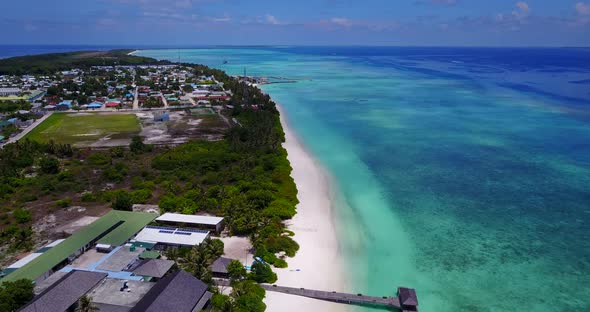 Wide angle flying abstract view of a white paradise beach and aqua blue water background in 4K