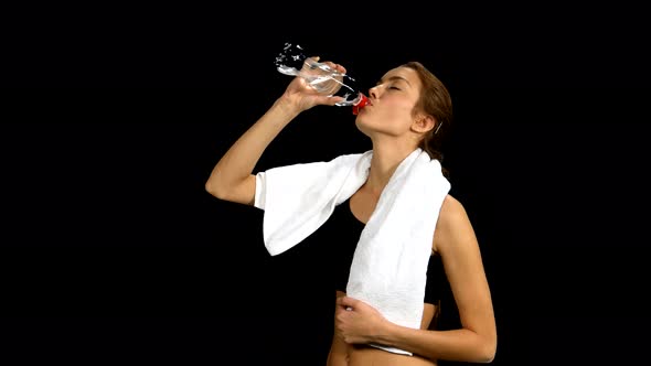 Sporty Muscular Woman Drinking Water, Close Up, Alpha Channel, Matte
