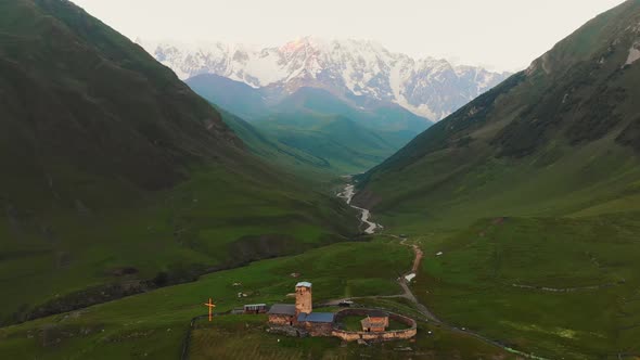 Fly Over Lamaria Monastery In Ushguli, Georgia