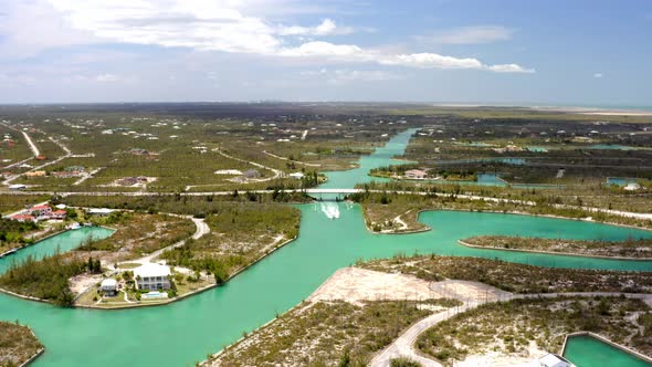 Grand Bahama Island, Bahamas. Aerial View of Creek Canals and Tropical Landscape on Sunny Day, Drone