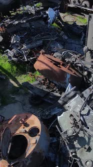 Vertical Video of a Destroyed Military Hardware in Bucha Ukraine