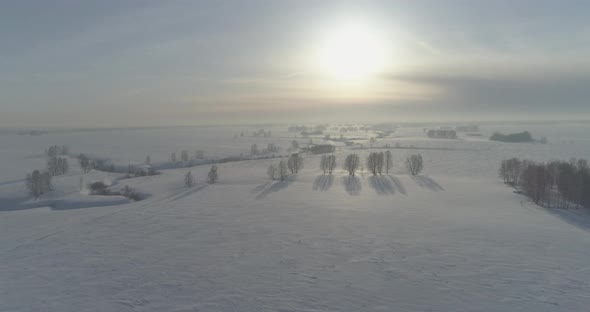 Aerial View of Cold Winter Landscape Arctic Field Trees Covered with Frost Snow Ice River and Sun