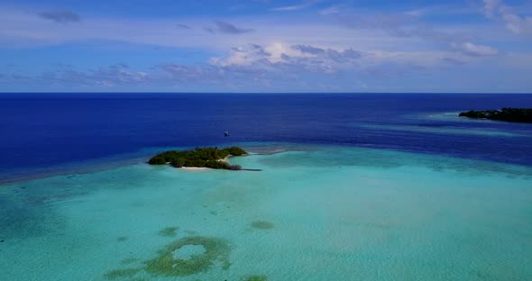 Wide fly over tourism shot of a white paradise beach and turquoise sea background in colourful 4K