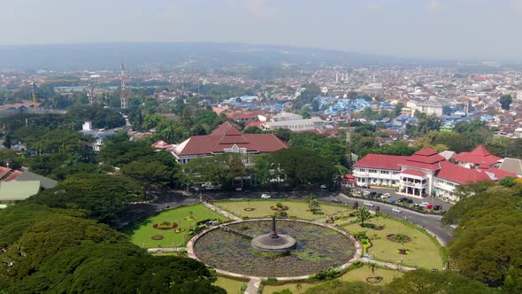 City Hall and park with shade trees, Malang, Indonesia aerial panorama