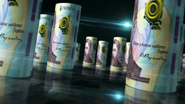 Ukrainian Hryvnia money banknotes rolls seamless loop