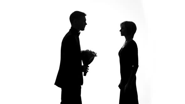 Offended Woman Throwing Bouquet Boyfriend, Rejecting Husband Apologize, Regret