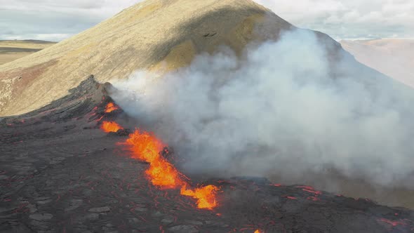 Fagradalsfjall Volcano Eruption. Aerial Drone Footage Of Boiling Hot Orange Lava Spewing Out Of Erup