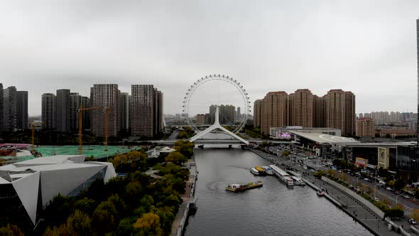 Aerial View of Cityscape of Tianjin Ferris Wheel