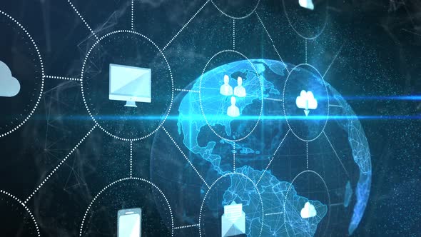 Interface screen with globe and various icons 4k alt