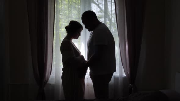 Pregnant Woman and a Man Stand Against a Window in Silhouette