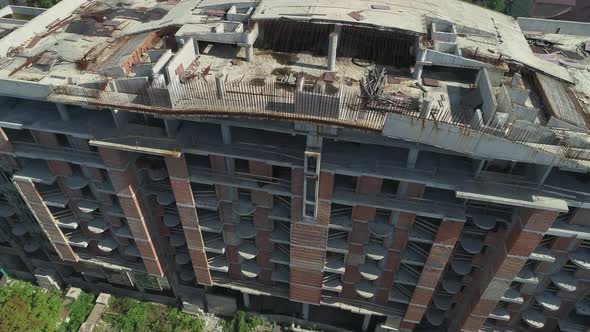 Aerial Drone Footage of Abandoned Unfinished Building in the Center of Kiev