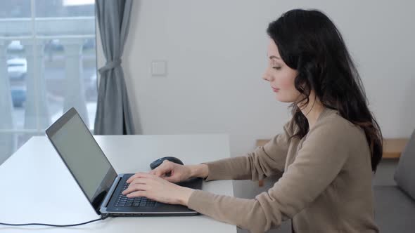 Working from home. Freelancer woman works on mobile computer in home office
