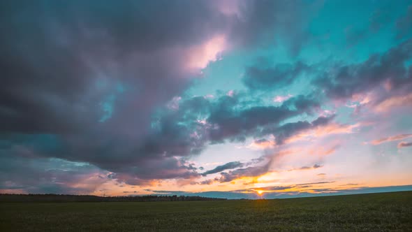 Countryside Rural Field Landscape With Young Green Wheat Sprouts In Spring Springtime Cloudy Day