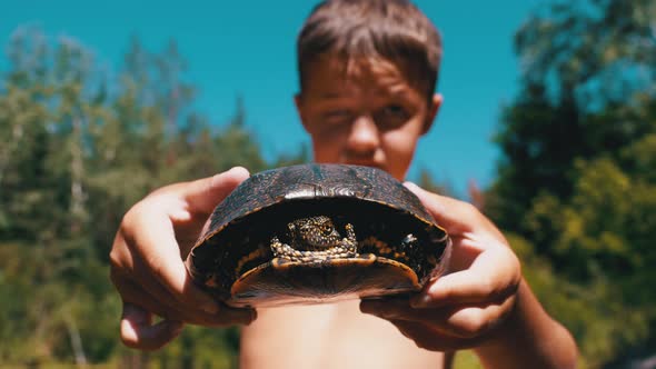 Boy Holds Turtle in Arms and Smiles Viciously on River with Green Vegetation