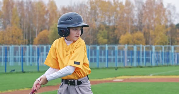 Portrait Boy Baseball Player Blurry Background Batter Protective Gear Waiting Flying Ball