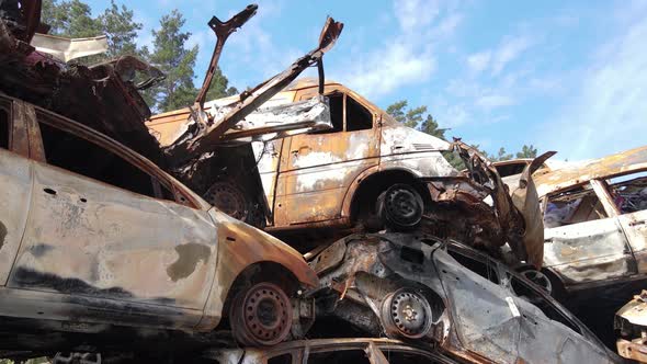 War in Ukraine a Dump of Shot and Burned Cars in the City of Irpen Near Kyiv