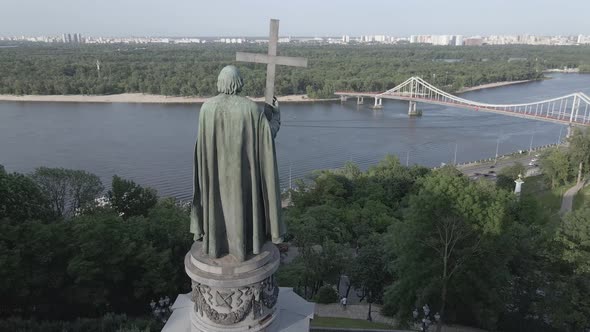 The Architecture of Kyiv. Ukraine: Monument To Volodymyr the Great. Aerial View, Slow Motion, Flat