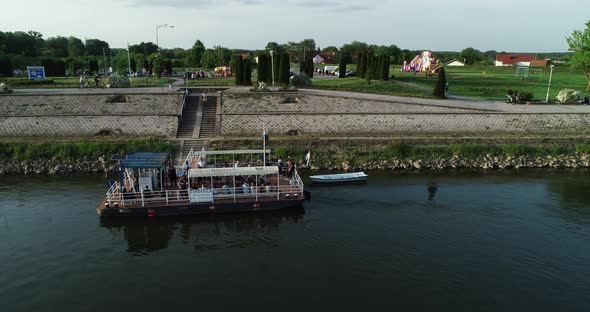 Aerial view of a ferry stop along Drava river in Osijek, Croatia.