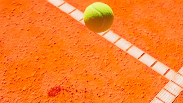 Animation of tennis racket stops bouncing ball on the court. Render 4K HD